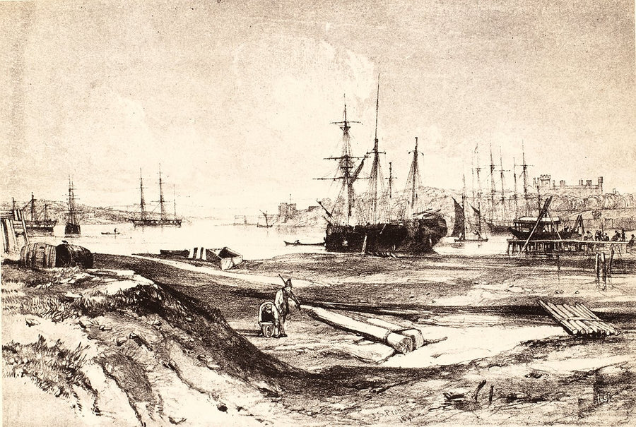 Sydney Cove with shipping and a careened vessel, after John Skinner Prout — illustration, from Sydney Cove, 1848
