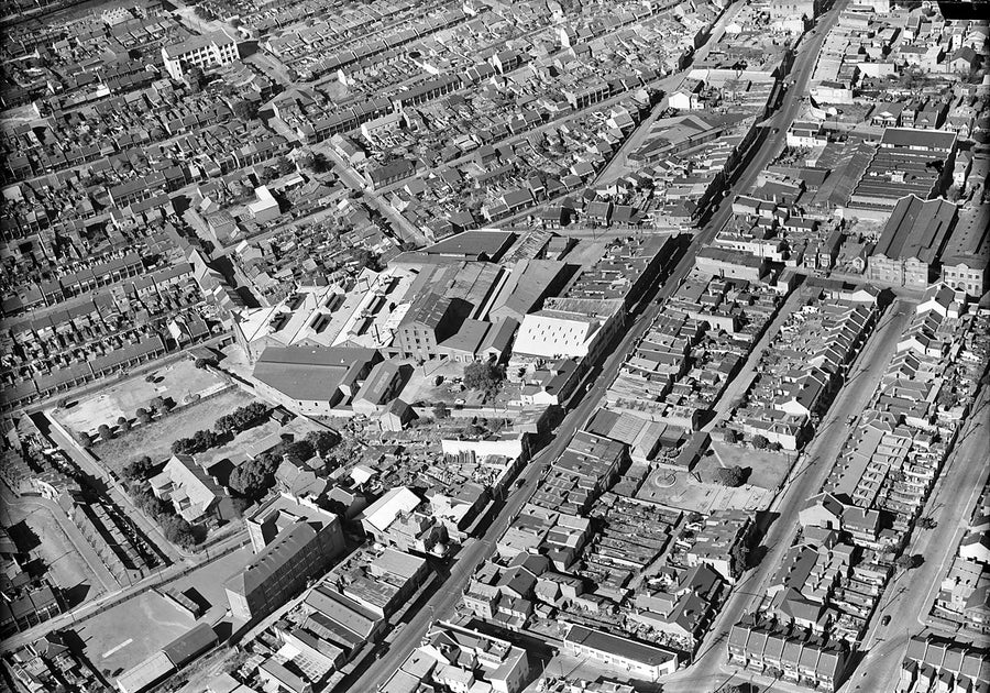 Marrickville terraces and factory workshops from the air — photograph, from Marrickville, c. 1940