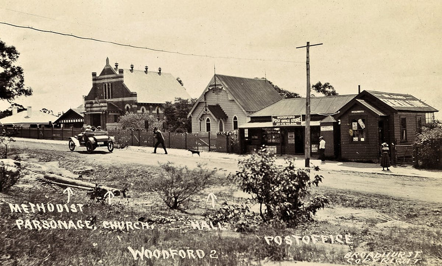 Methodist parsonage, church, hall and post office, Woodford — photograph, from Woodford, c. 1900–27
