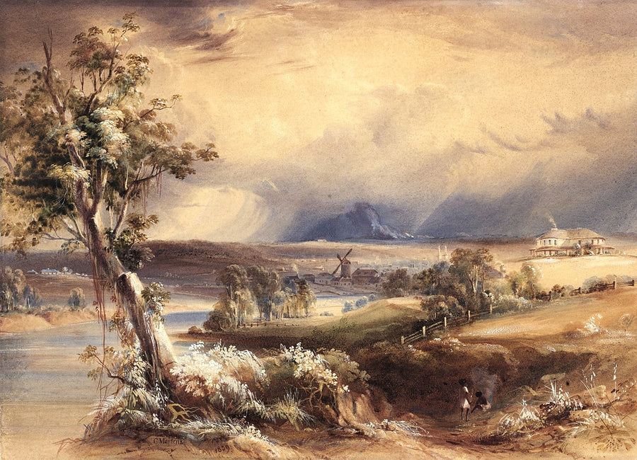 Parramatta from the river, watercolour by Conrad Martens — illustration, from Parramatta, 1839
