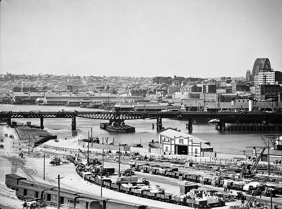 Pyrmont Bridge and Darling Harbour wharves — photograph, from Pyrmont Bridge, 1939