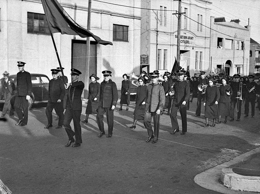 Salvation Army procession passing the citadel, Newtown — photograph, from Newtown, 1942