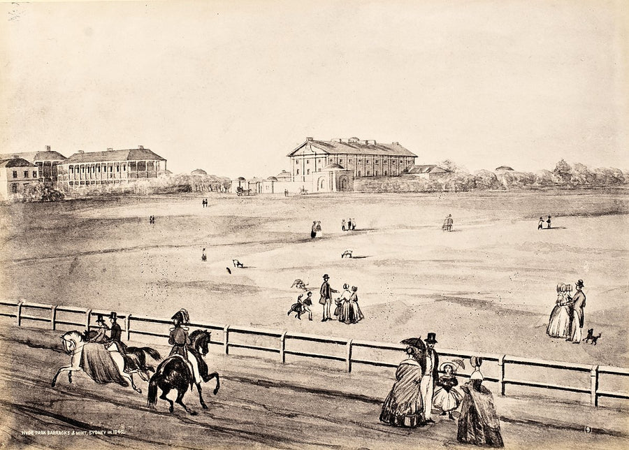 Hyde Park Barracks and the Mint seen across the park, Sydney — photograph, from Sydney CBD, 1842