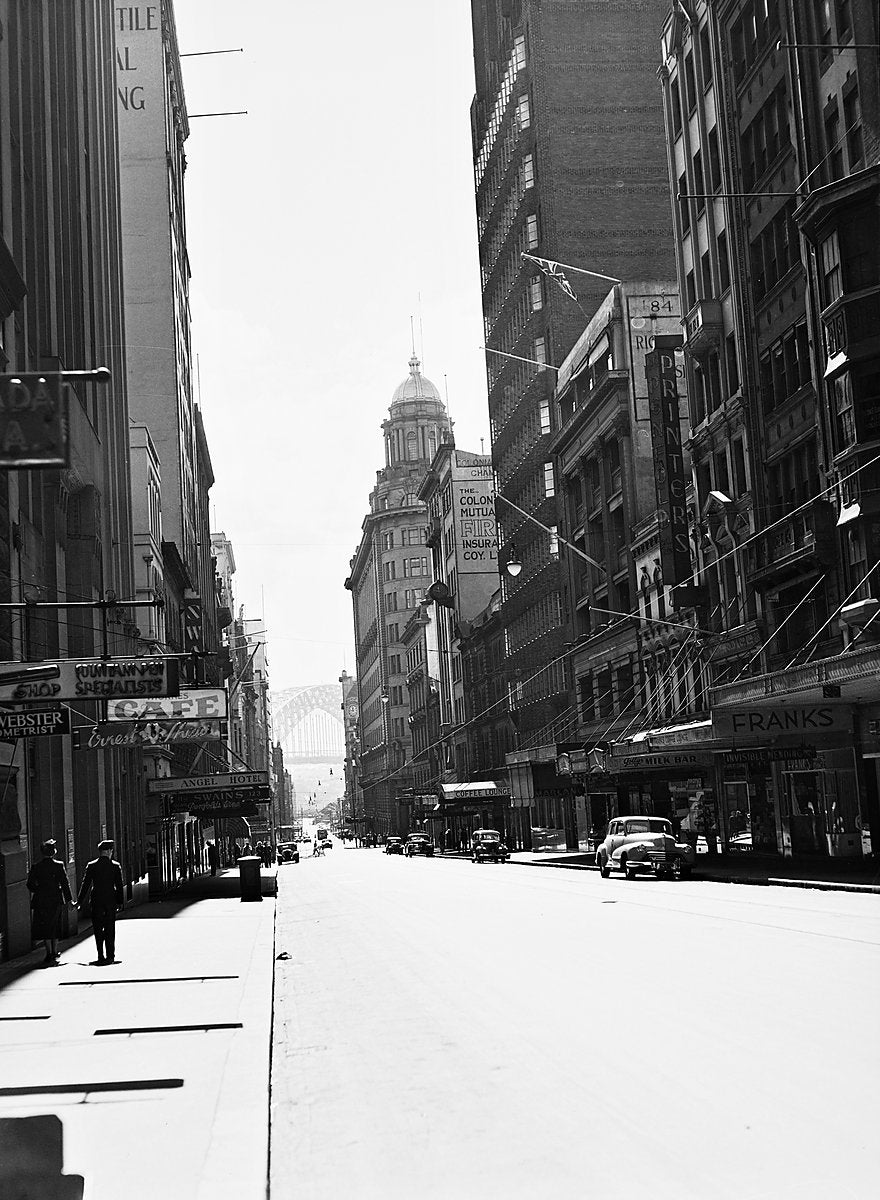 Pitt Street looking north toward the Harbour Bridge — photograph, from Pitt Street, 1951