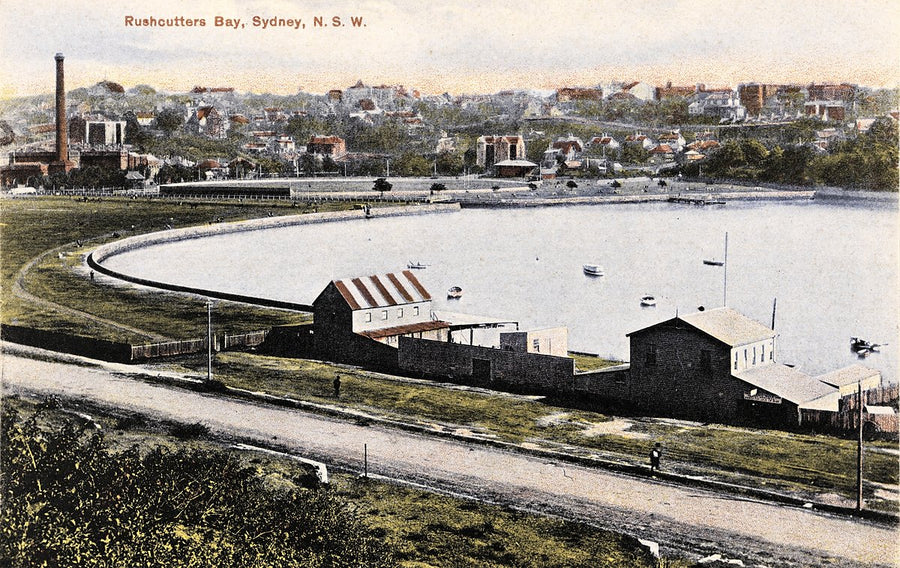 Rushcutters Bay seawall and boat sheds, Sydney — photograph, from Rushcutters Bay, c. 1910–15