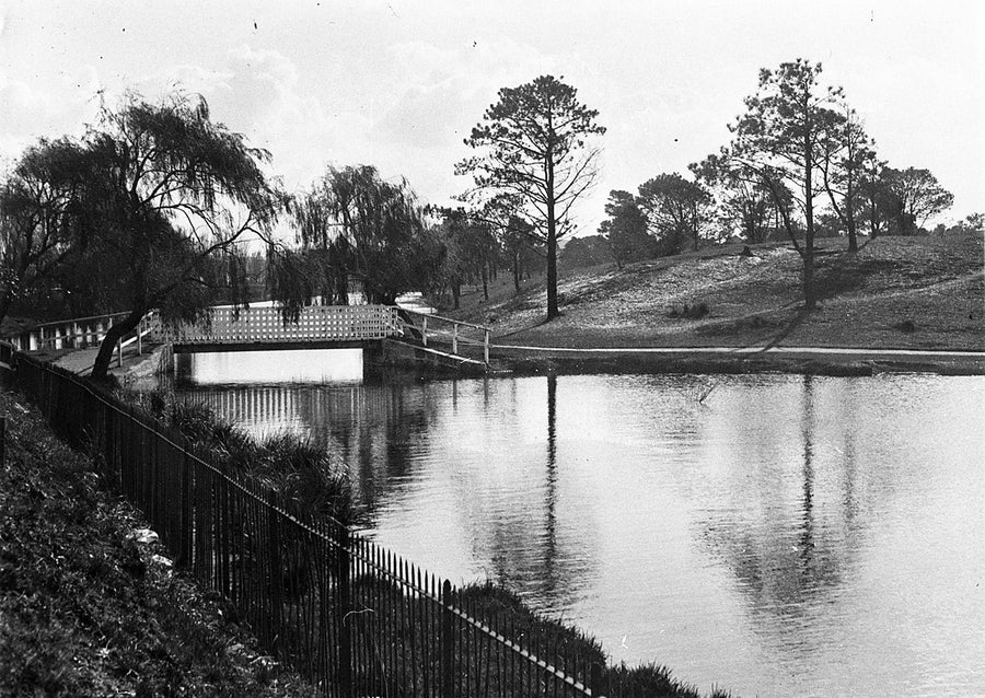 Footbridge and ornamental water, upper Parramatta River — photograph, from Sydney, c. 1930s