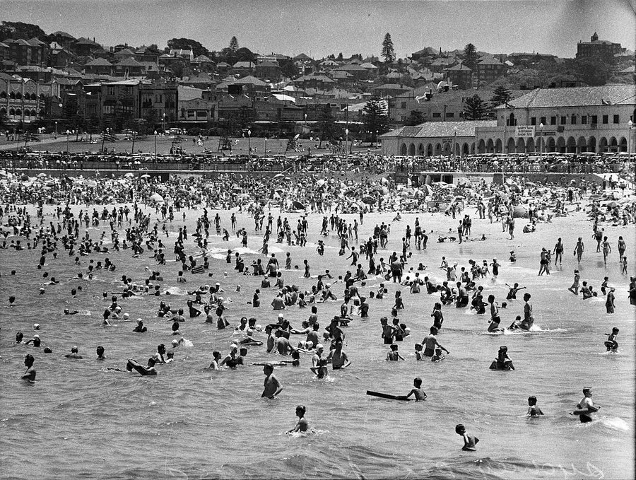 Summer crowds in the surf at Bondi Beach — photograph, from Bondi Pavilion, 1950