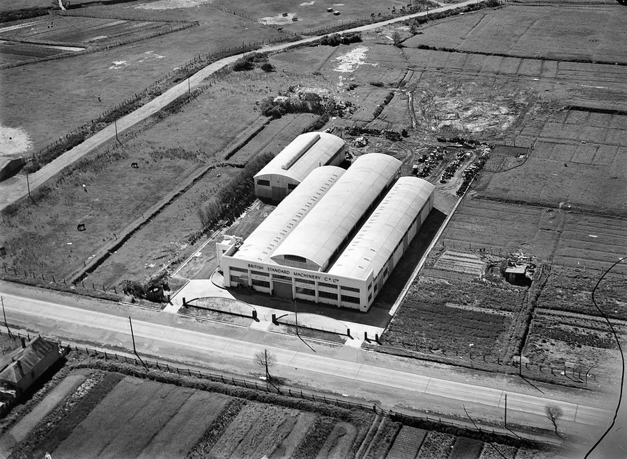 British Standard Machinery Co. works, Waterloo, from the air — photograph, from Waterloo, 1930–50