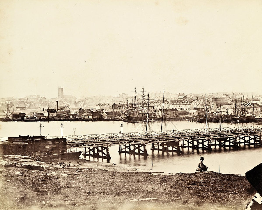First Pyrmont Bridge across Cockle Bay, Sydney — photograph, from Sydney CBD, c. 1865–1902