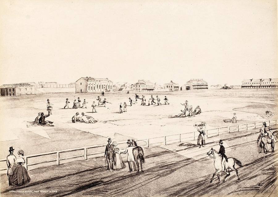 Hyde Park, Sydney, in 1842, with Lyons Terrace on the skyline — illustration, from Hyde Park