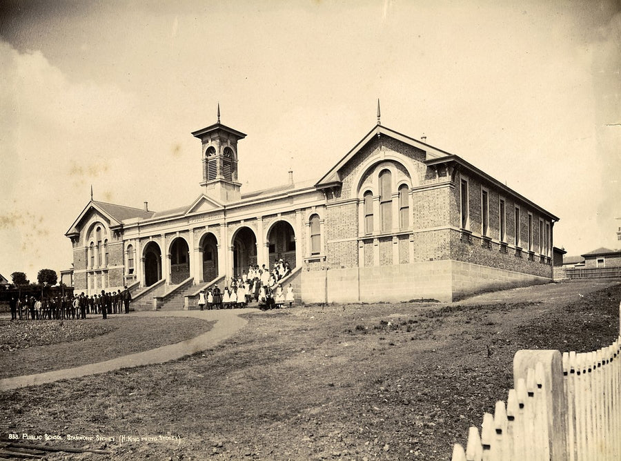 Stanmore Public School, with pupils gathered on the front steps — photograph, from Stanmore Public School, c. 1884–90