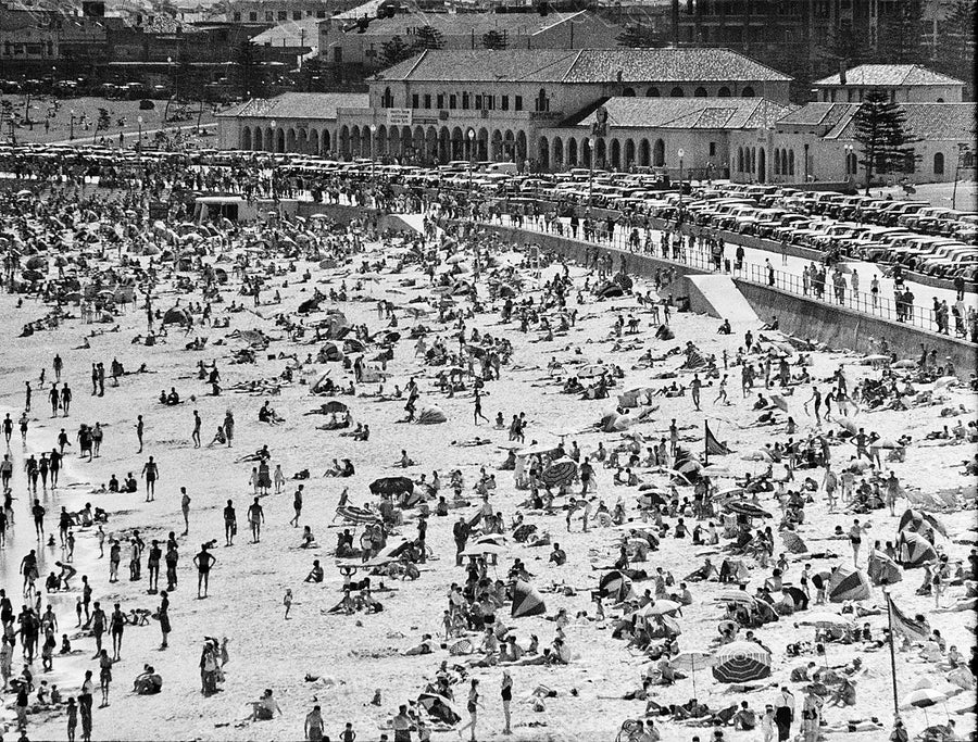 Crowds at Bondi Beach below the Pavilion — photograph, from Bondi Pavilion, 1950