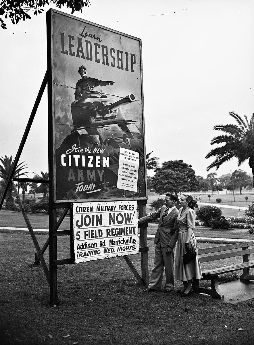 Citizen Military Forces recruiting hoarding, Marrickville — photograph, from Marrickville, 1948
