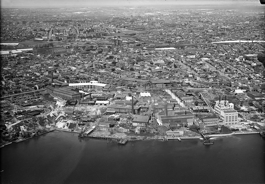 Balmain's industrial waterfront from the air — photograph, from Balmain, c. 1940