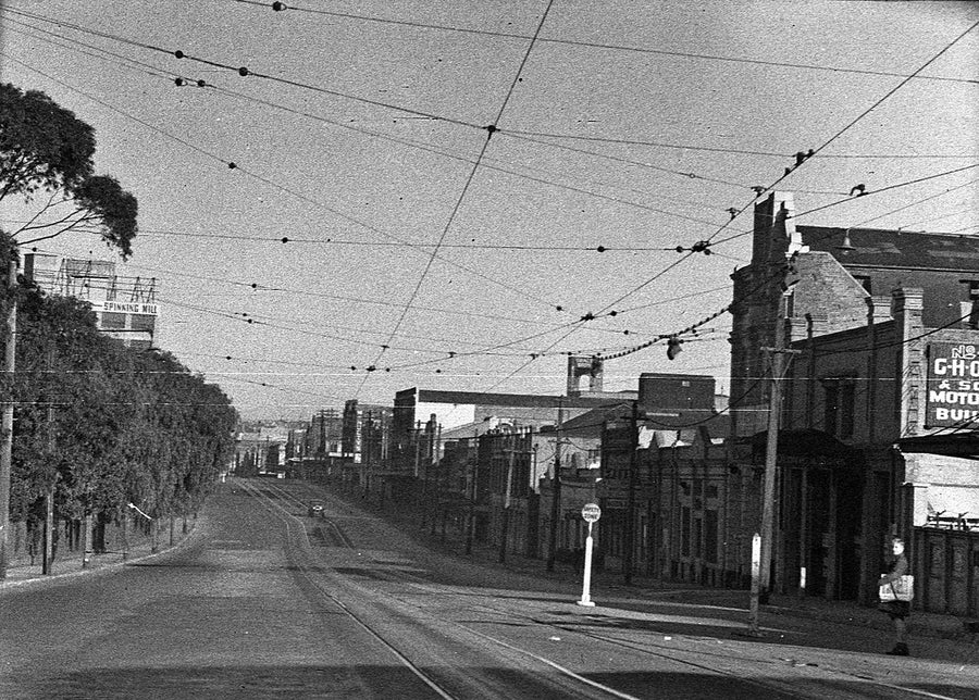 Parramatta Road at Camperdown, tram tracks and empty roadway — photograph, from Parramatta Road, 1946