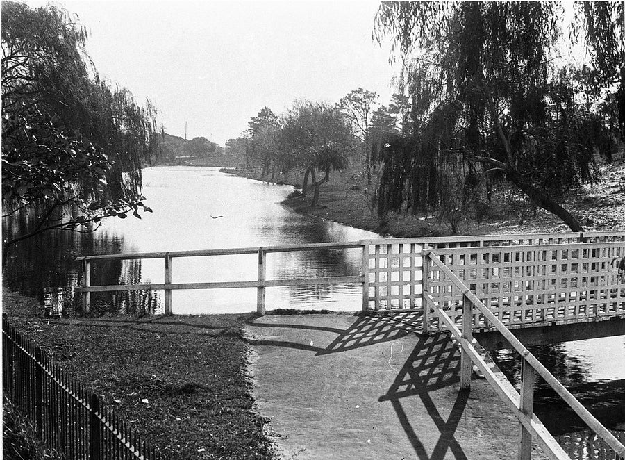 Lattice footbridge on the upper Parramatta River — photograph, from Parramatta, c. 1930s
