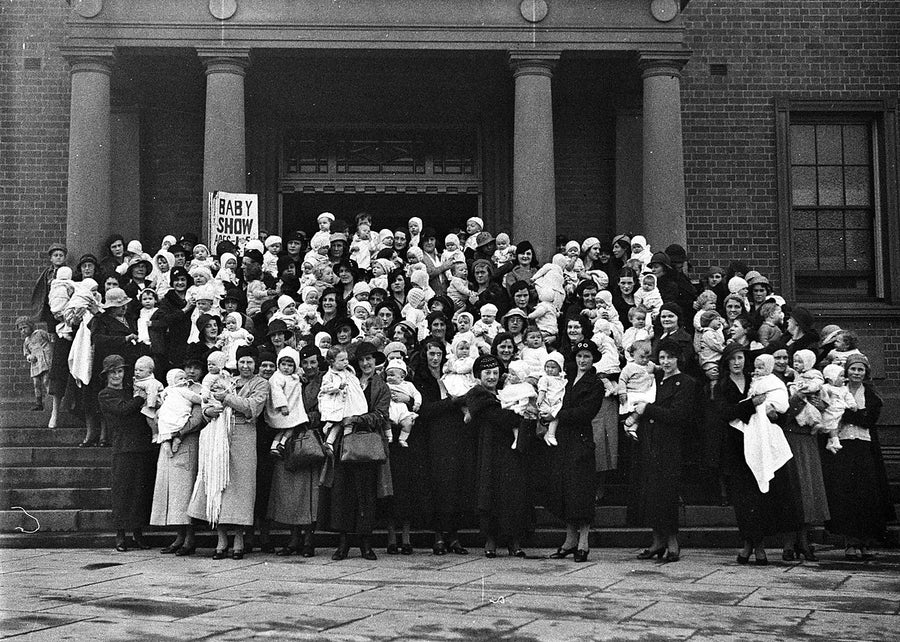 Baby show entrants on the steps of Marrickville Town Hall — photograph, from Marrickville Town Hall, 1934