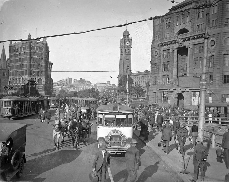 Railway Square traffic beneath the Central Station clock tower — photograph, from Railway Square, c. 1927–29