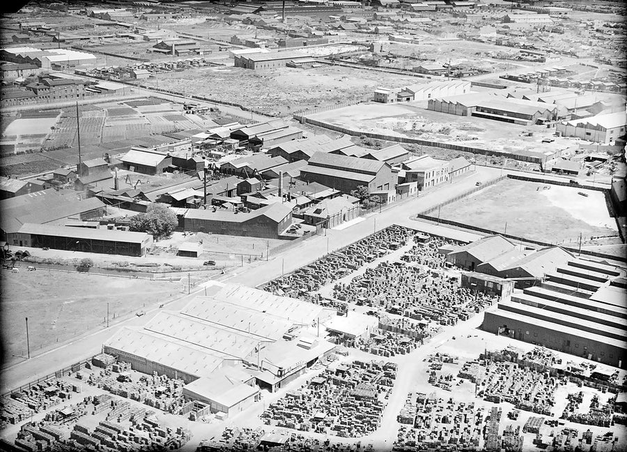 Aerial view of a Sydney industrial works and open stockyards — photograph, c. 1937