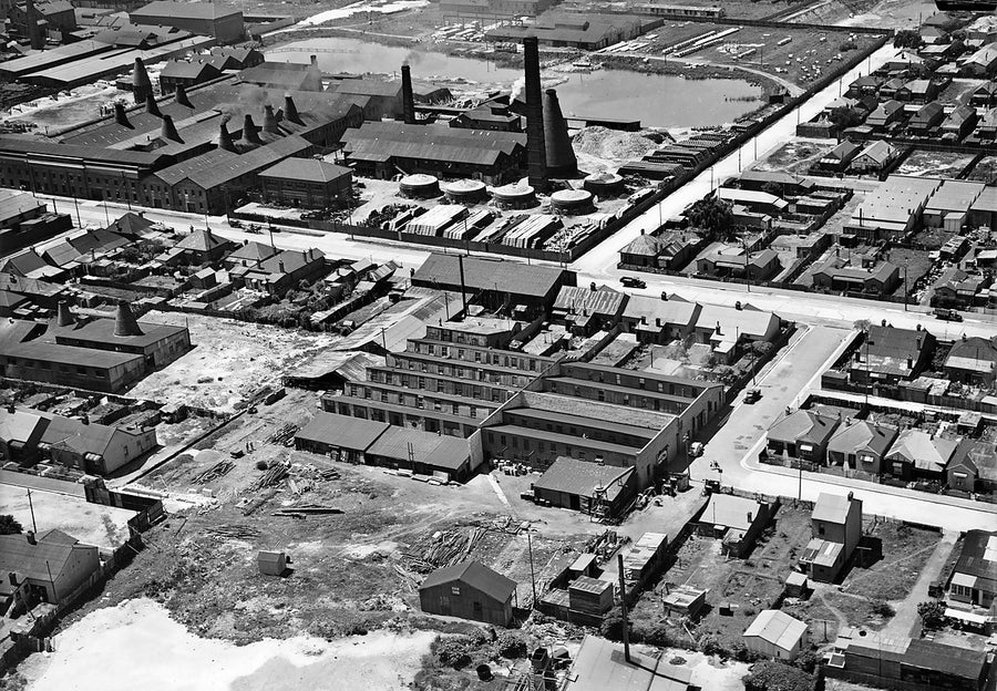 Bottle kilns of a Marrickville pottery works from the air — photograph, from Marrickville, c. 1939