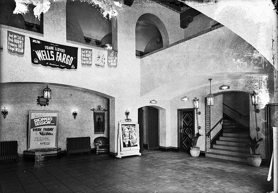 Vestibule of the Roxy Theatre, Parramatta, with "Wells Fargo" banners — photograph, from The Roxy Theatre, 1942