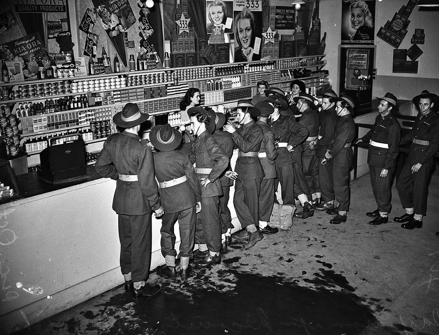 Army recruits at the canteen counter, Marrickville depot — photograph, from Marrickville, 1948