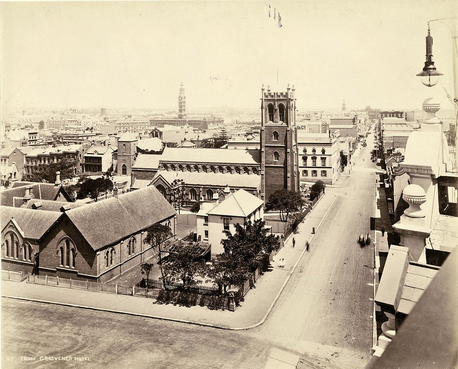 St Philip's Church and Clarence Street, Sydney, from the Grosvenor Hotel — photograph, from St Philip's Anglican Church, c. 1885–90