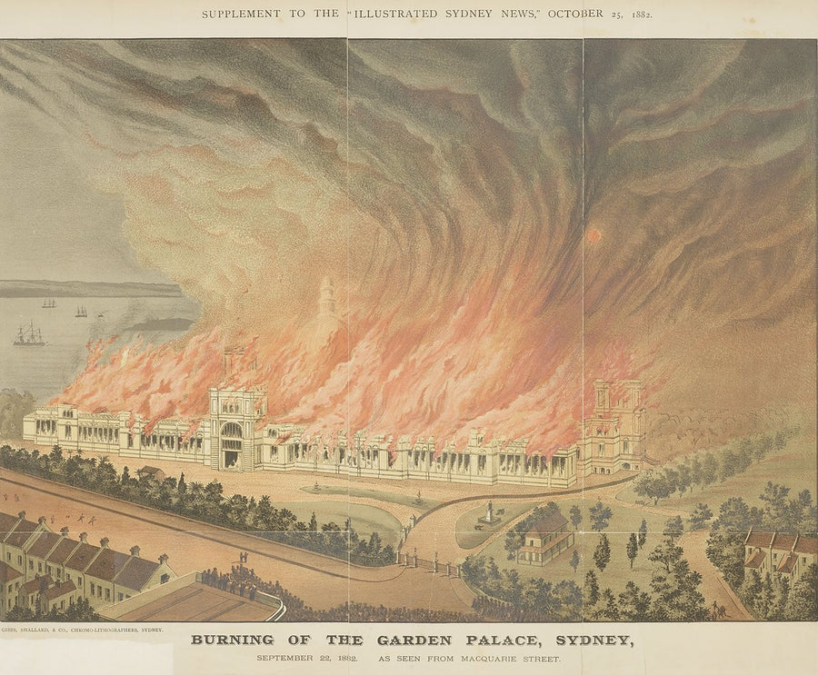 Burning of the Garden Palace, Sydney — illustration, from Royal Botanic Garden, 1882