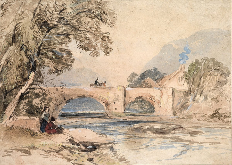 Stone bridge over a river with figures and cottage — illustration, 1850