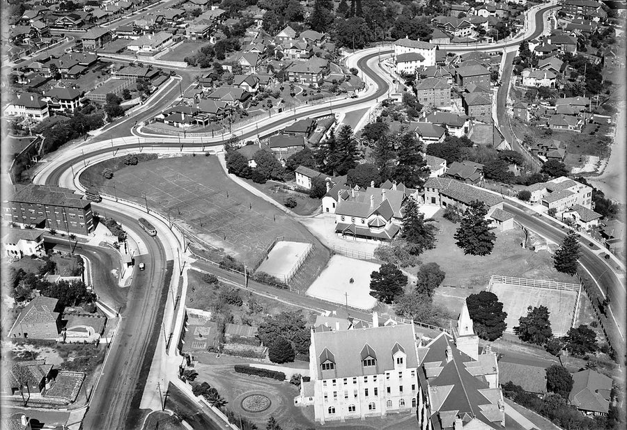 Kambala School from the air, Rose Bay — photograph, from Rose Bay, 1930–50