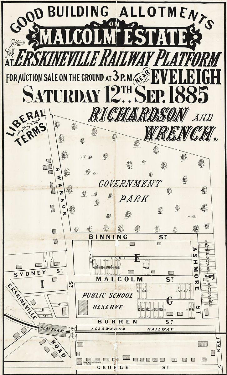 Malcolm Estate subdivision plan, Erskineville — map, from Erskineville, 1885