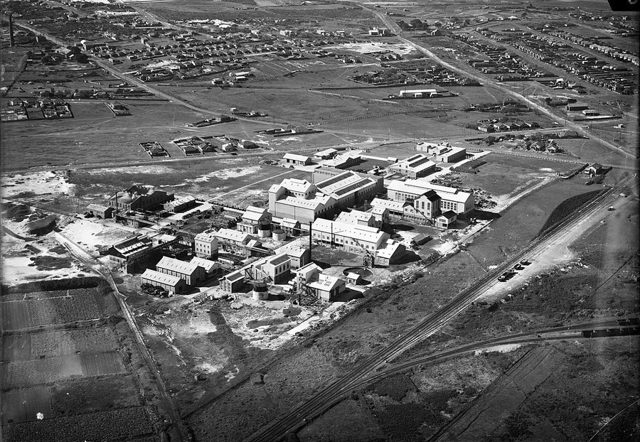 Aerial view of a factory complex and rail sidings, Botany — photograph, from Botany, c. 1940