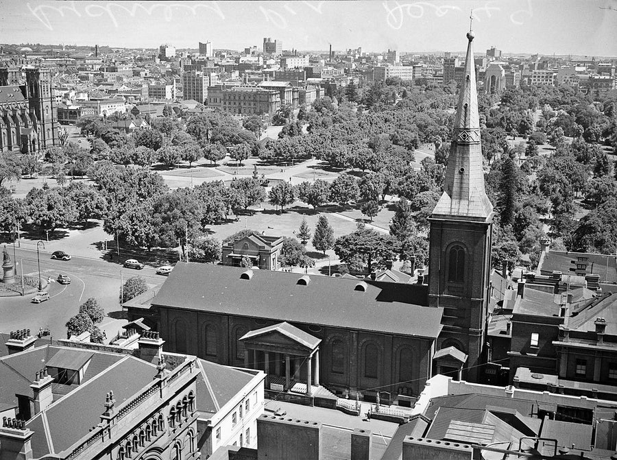 St James' Church and Hyde Park from above — photograph, from St James Church, 1949