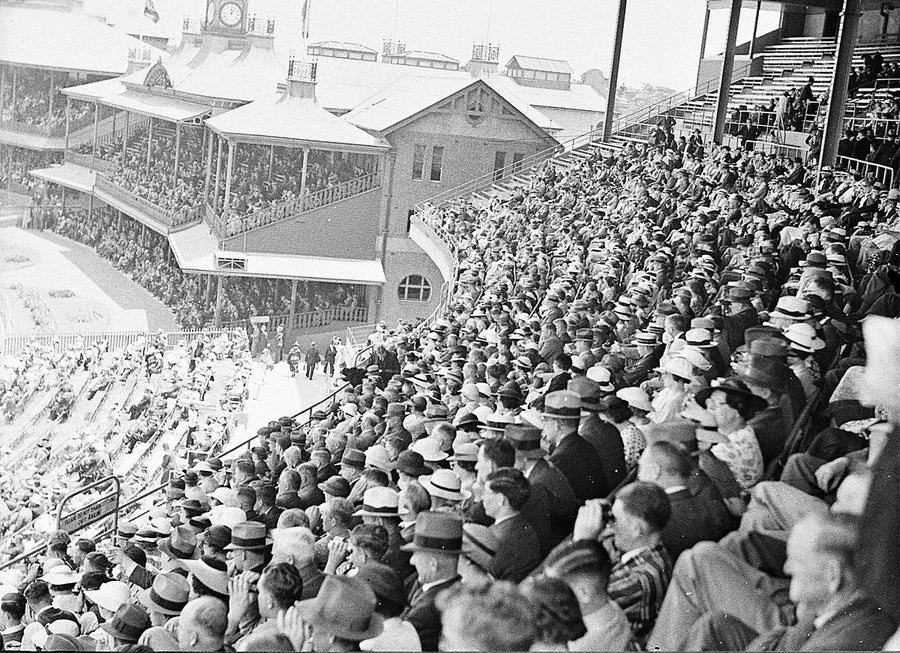 Spectators and timber grandstands, Sydney Cricket Ground — photograph, from Sydney Cricket Ground, 1936