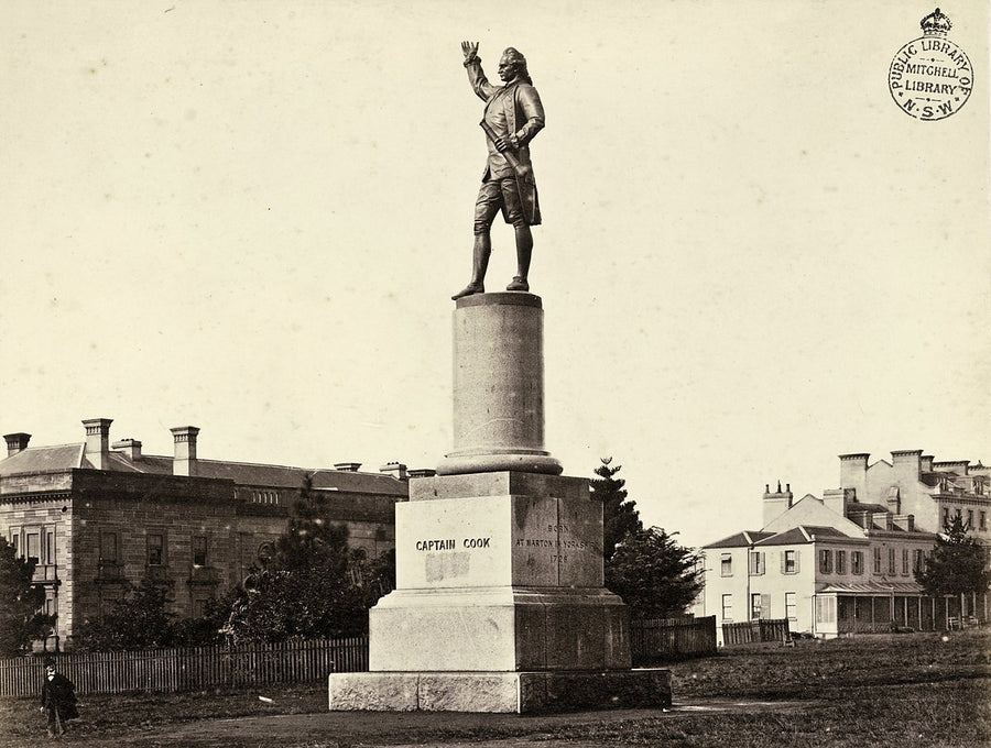 Captain Cook statue, Hyde Park, with the Australian Museum beyond — photograph, from Captain Cook Statue, c. 1880s