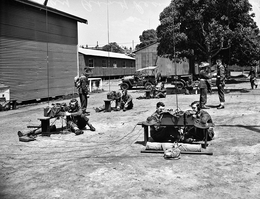 Signallers with field radios, Marrickville Army Depot — photograph, from Marrickville, 1948