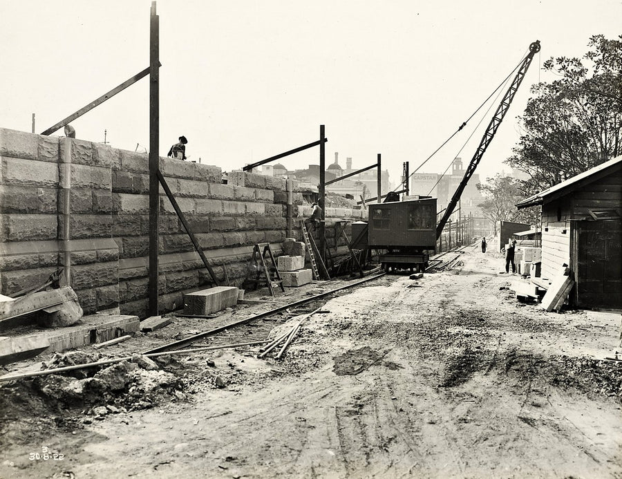 Elizabeth Street retaining wall under construction, Sydney — photograph, from Belmore Park, 1922