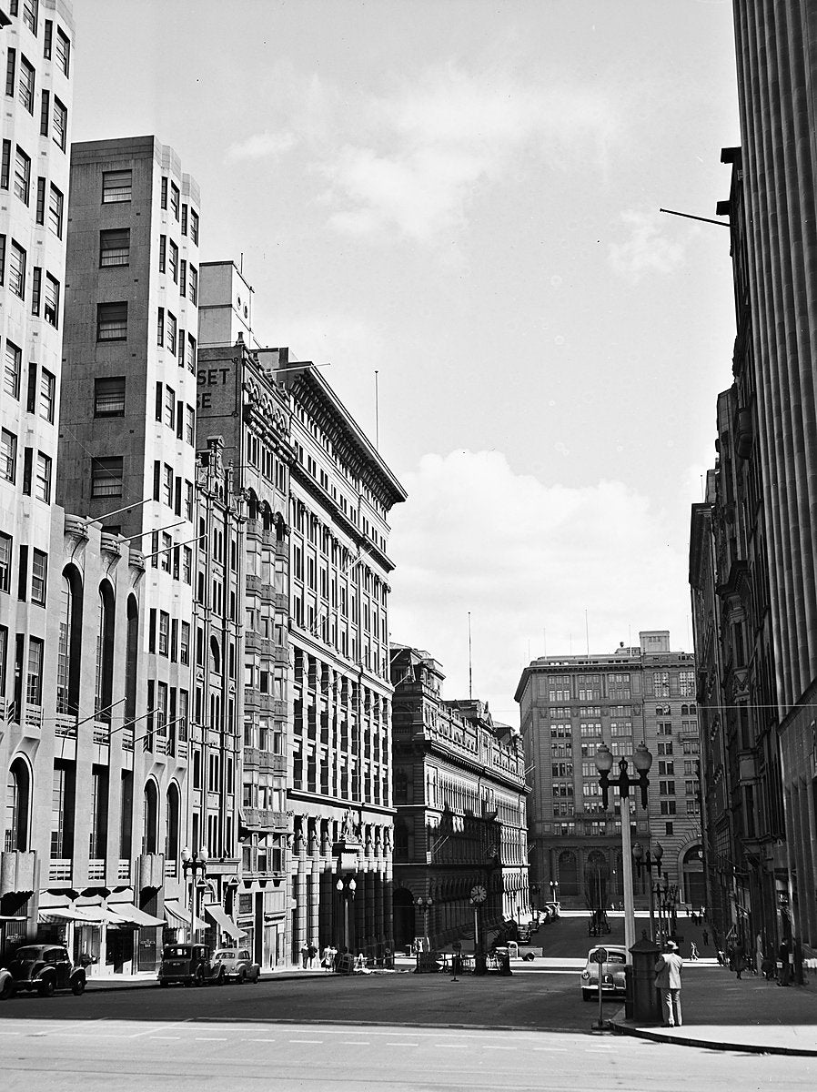 Martin Place from Castlereagh Street, Sydney — photograph, from Martin Place, 1951