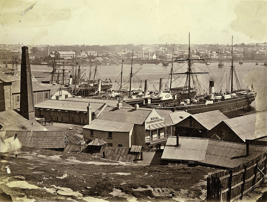 Royal Standard Hotel and the wharves of Darling Harbour — photograph, from Sydney, c. 1870s