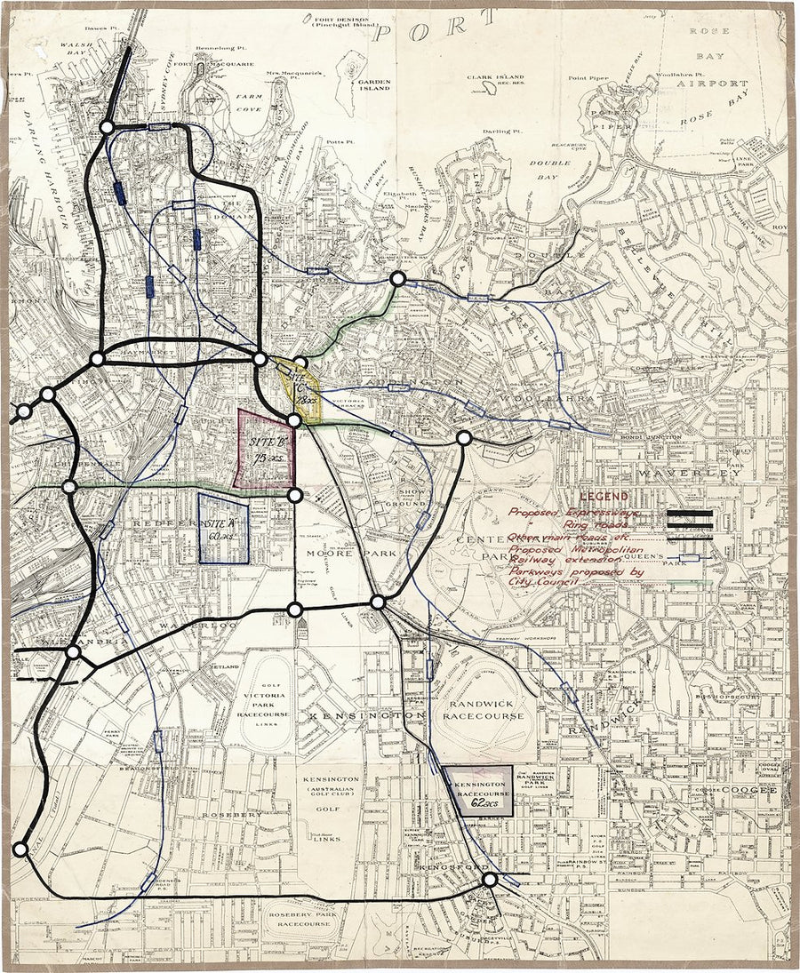 Proposed Sydney expressways, ringroads and railway extension — map, before 1952