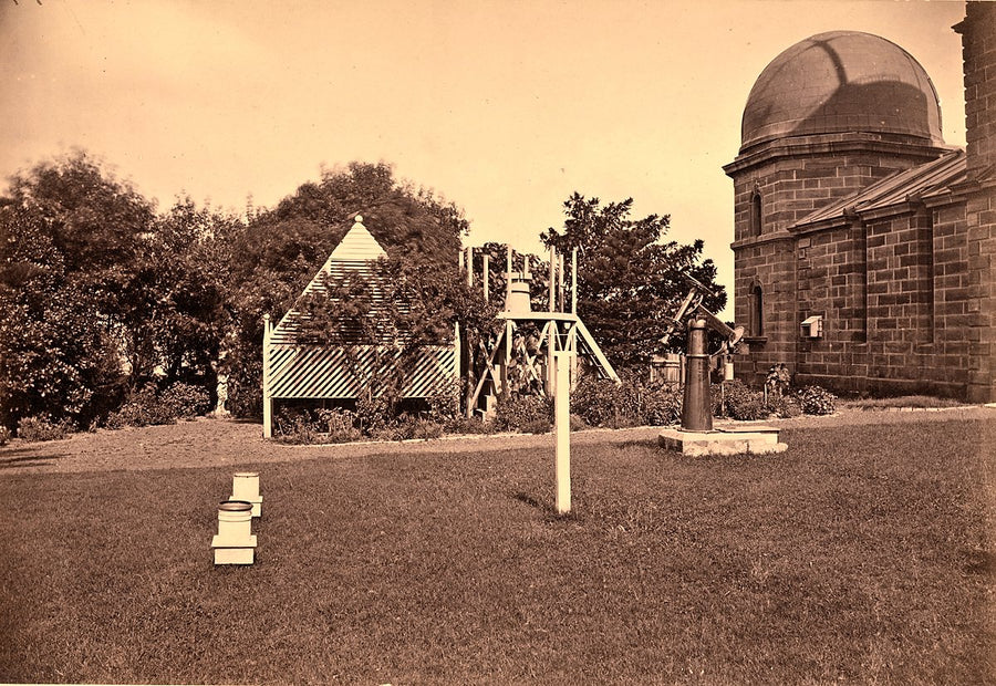 Instrument lawn and dome, Sydney Observatory — photograph, from Observatory Hill Park, after 1864