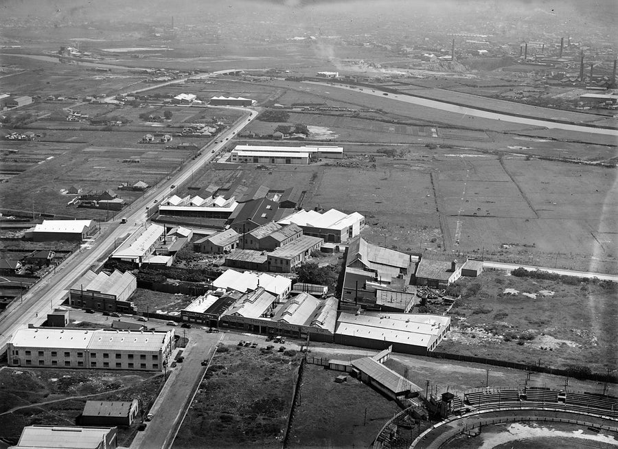 Century Storage Battery works from the air, Alexandria — photograph, from Alexandria, 1930s