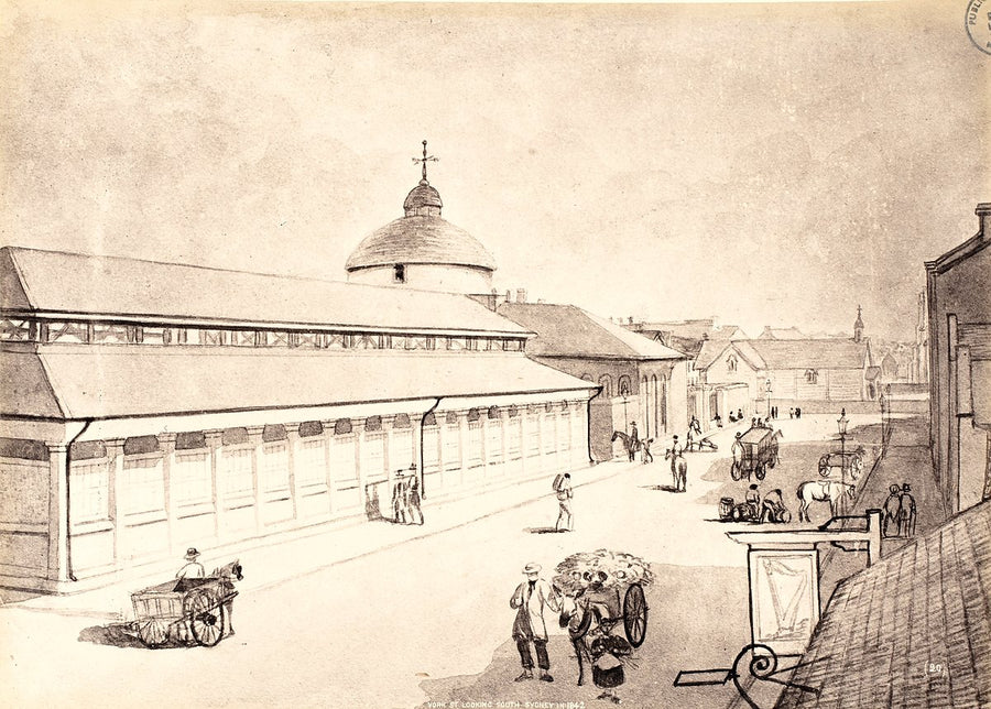 York Street looking south, the Sydney market building — illustration, from York Street, 1842