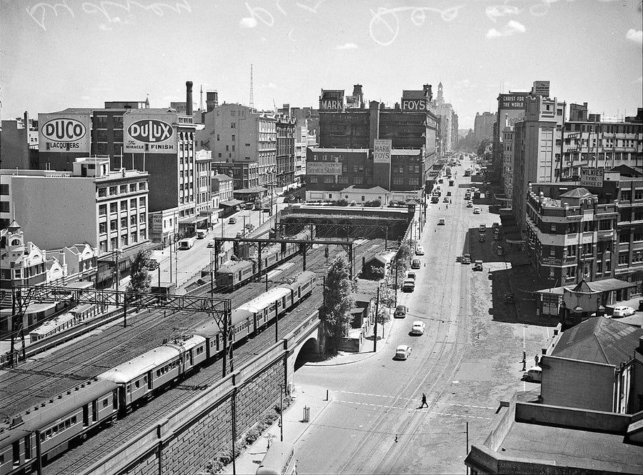 Elizabeth Street and the railway cutting looking north past Mark Foys, Sydney — photograph, from Elizabeth Street, 1949