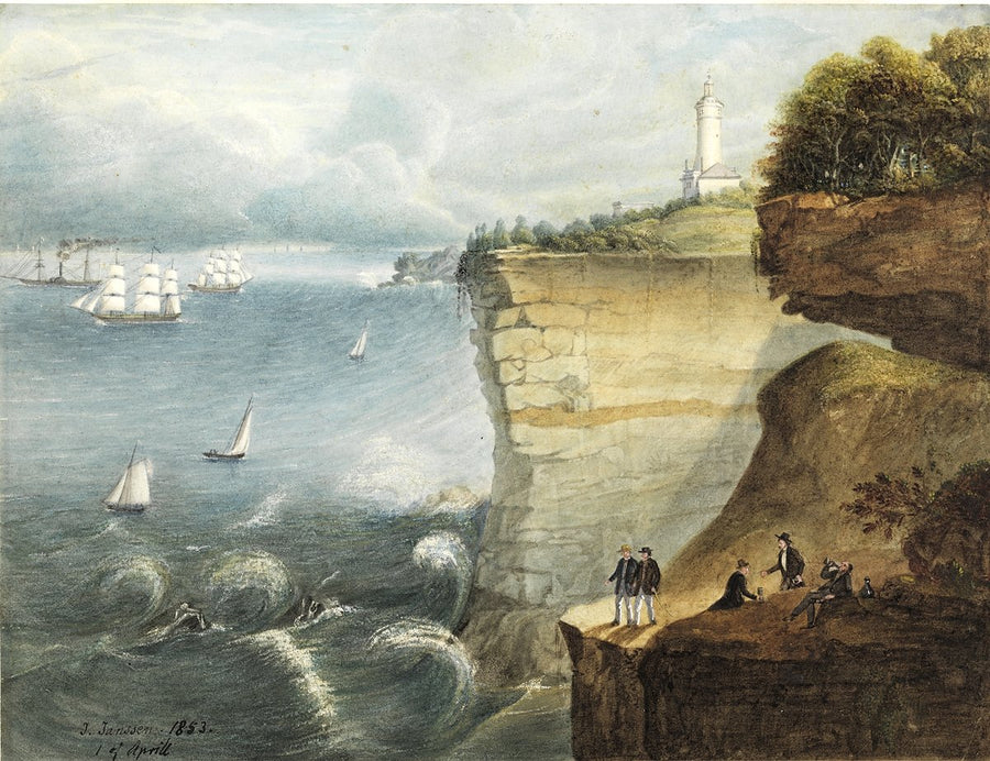 Macquarie Lighthouse and shipping off South Head — illustration, from Vaucluse, 1853