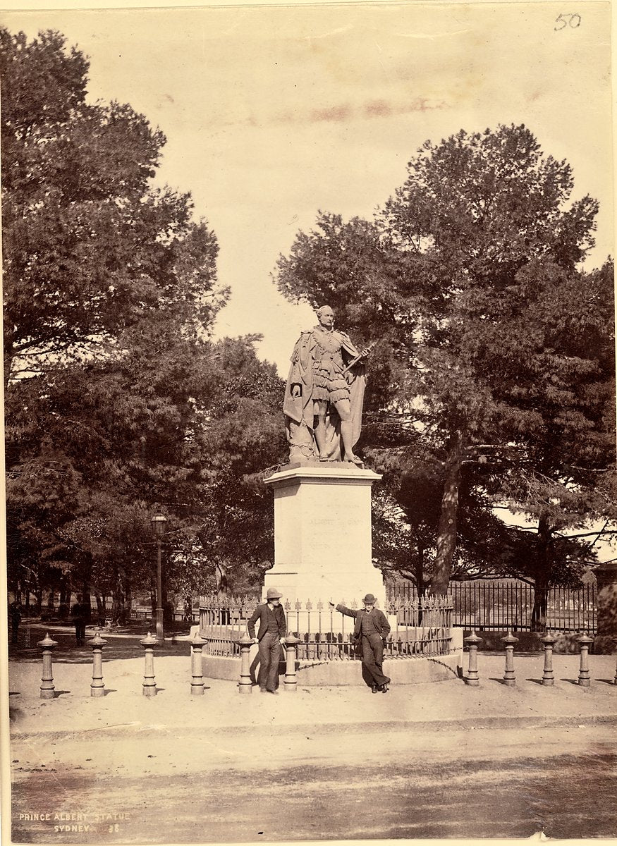 Prince Albert statue, Hyde Park, Sydney — photograph, from Hyde Park, c. 1880s