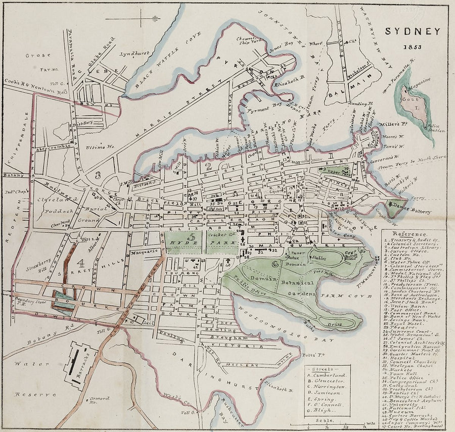 Sydney in 1853: hand-coloured plan of the city and its wards — map, from Sydney
