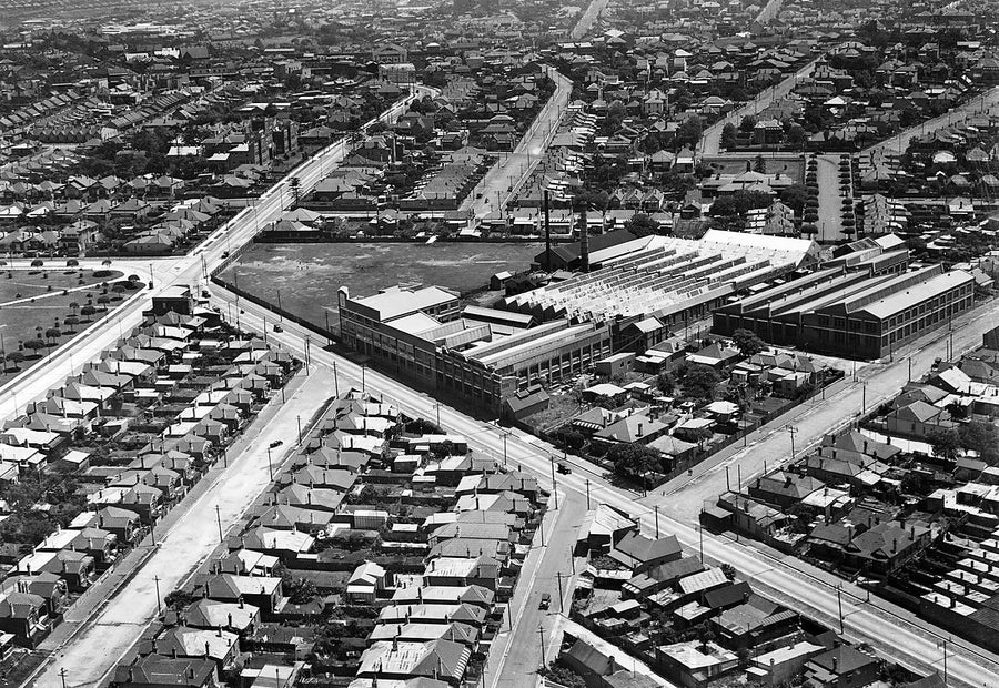 Factory sheds and terraced streets from the air, inner Sydney — photograph, 1930s