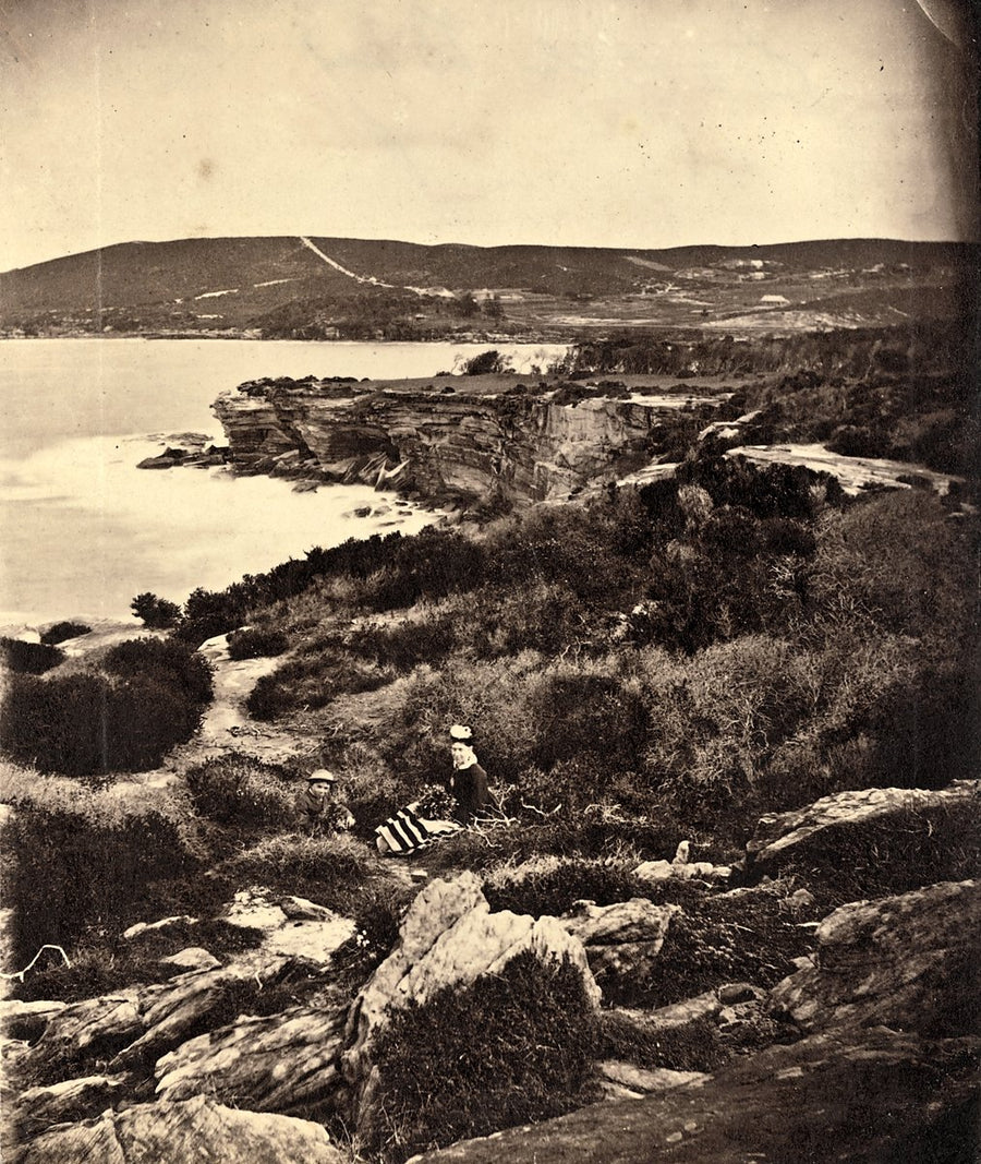 Coogee Bay from the clifftop, with figures in the foreground — photograph, from Coogee Bay, c. 1880
