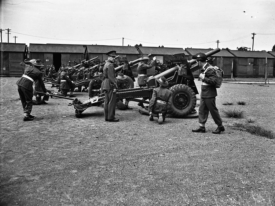 Army recruits drilling with field guns, Marrickville depot — photograph, from Marrickville, 1948